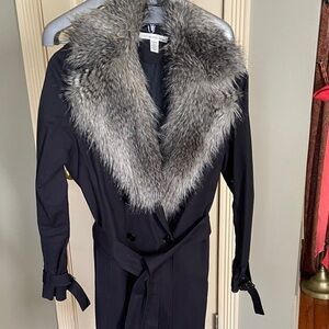 Kenneth Cole Black Trench Coat with Faux Fur Collar Women Size M